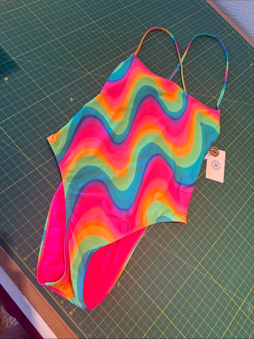 Hurley Neon Rainbow Wave One-Piece Swimsuit - Pink, Orange, Yellow, Green, Blue